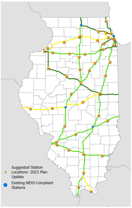 Map of Identified EV Charging Station Locations to Achieve Full Build-Out of Illinois Alternative Fuel Corridors